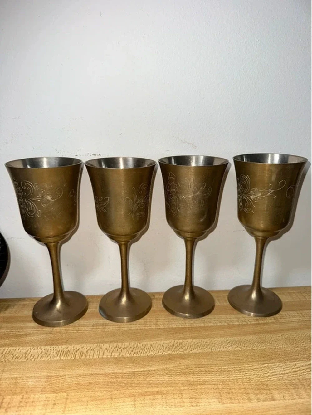 Vintage Etched Brass Wine Goblets/Chalices Set of 4